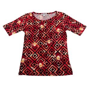 Liz Claiborne Womens Large Red Black Santa Geometric Christmas Short Sleeve Top